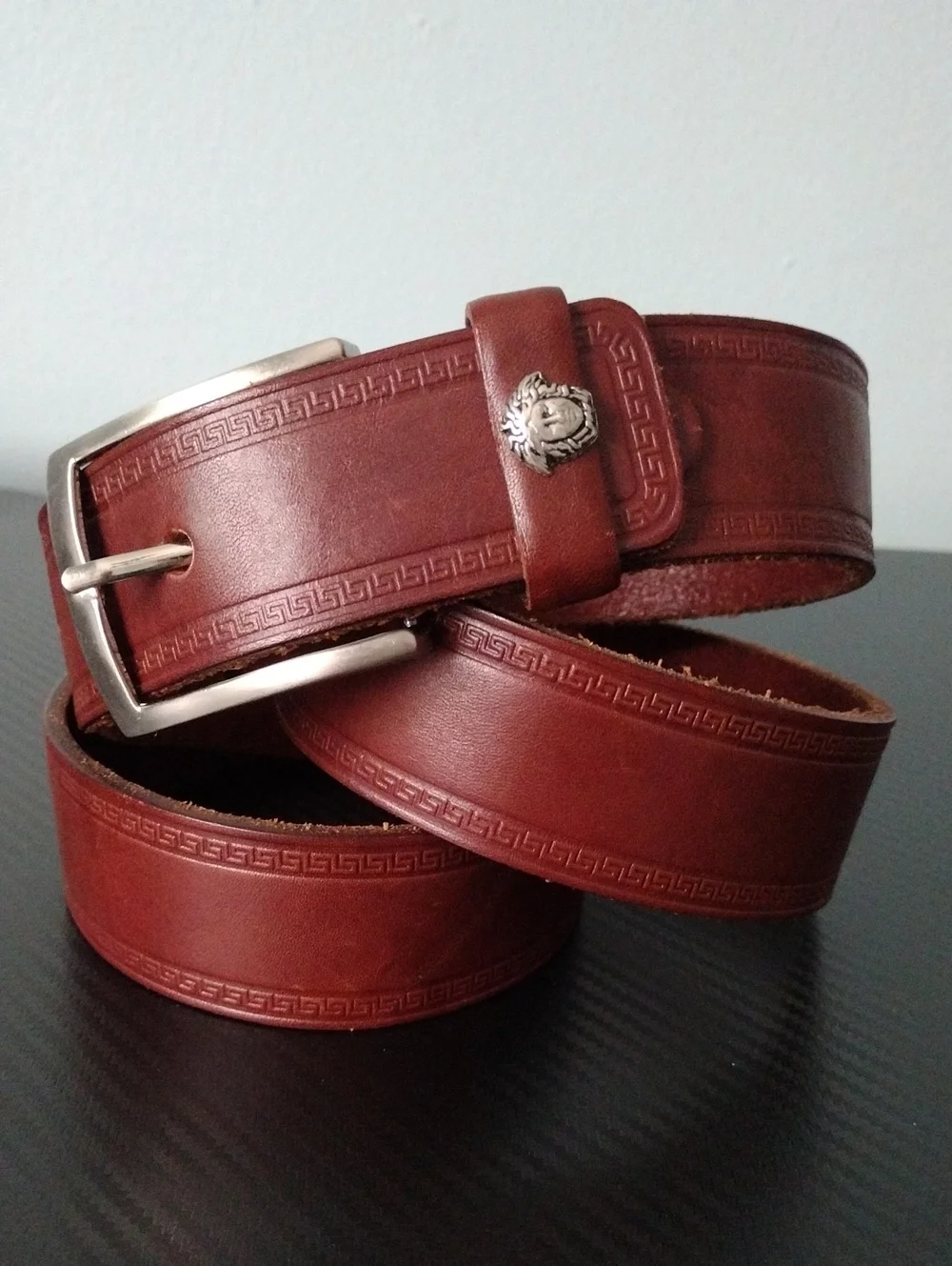 IL Conte Max Greek Key Embossed Border Brown Leather Belt Silver Buckle Italy